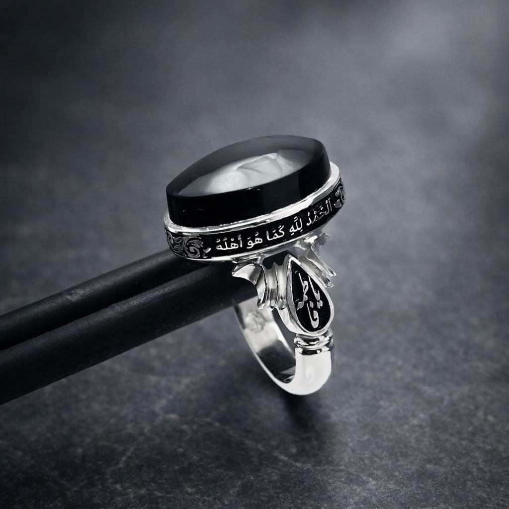 Engraved Sterling Silver Black Aqeeq Ring: Islamic Agate Signet Men's Jewelry