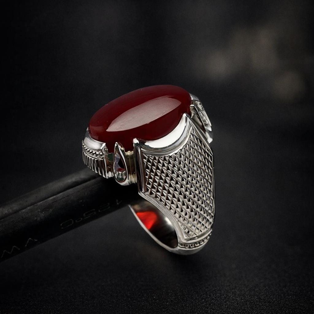 Handmade Red Agate Ring, Silver-Tone Band, Natural Gemstone Statement Jewelry
