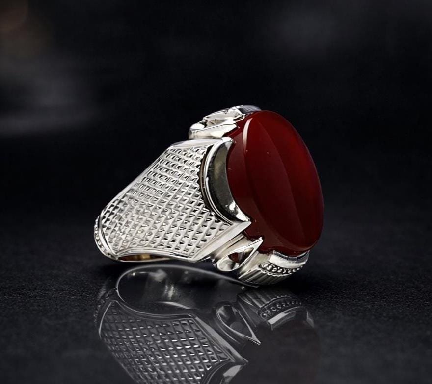 Handmade Red Agate Ring, Silver-Tone Band, Natural Gemstone Statement Jewelry - Image 2