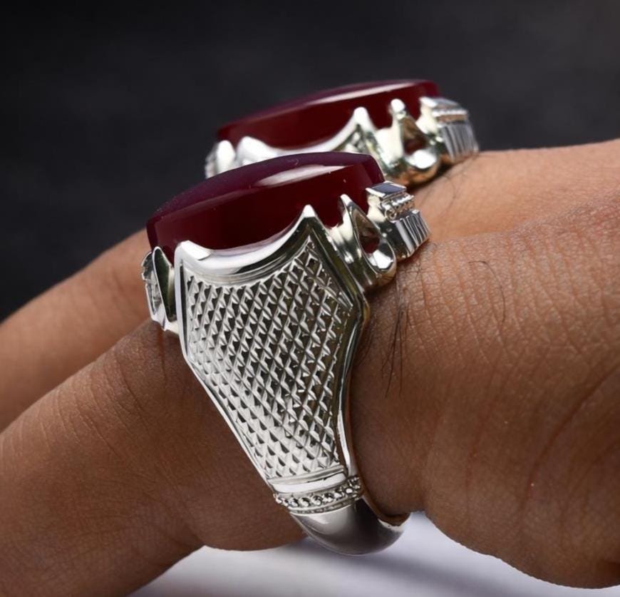 Handmade Red Agate Ring, Silver-Tone Band, Natural Gemstone Statement Jewelry - Image 4