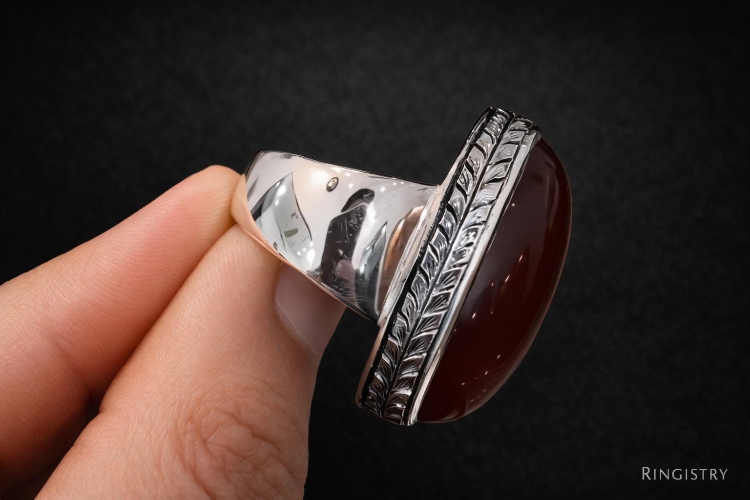 Men's Red Agate Aqeeq Ring, Sterling Silver Oval Gemstone Statement, Islamic Jewelry - Image 2