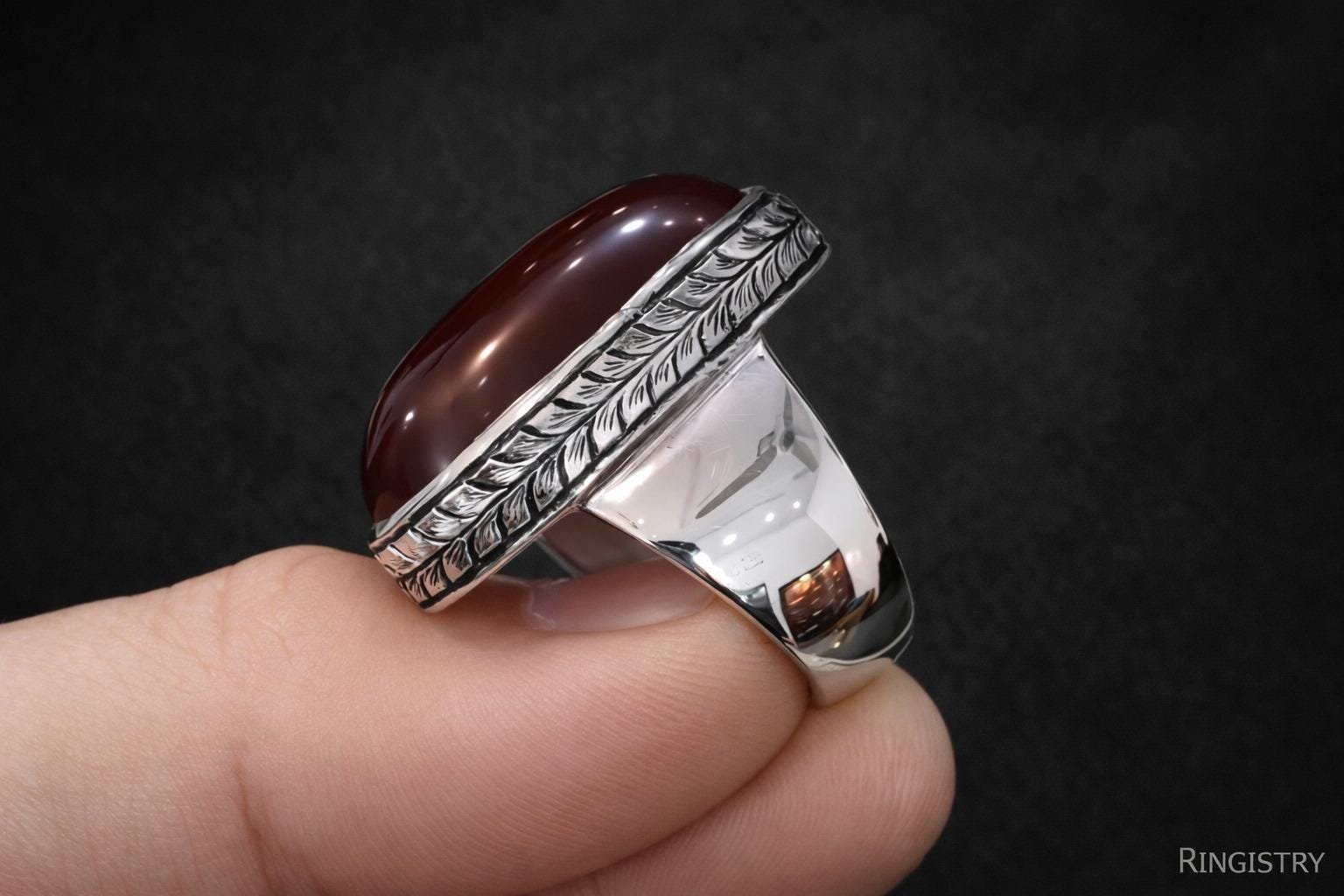 Men's Red Agate Aqeeq Ring, Sterling Silver Oval Gemstone Statement, Islamic Jewelry