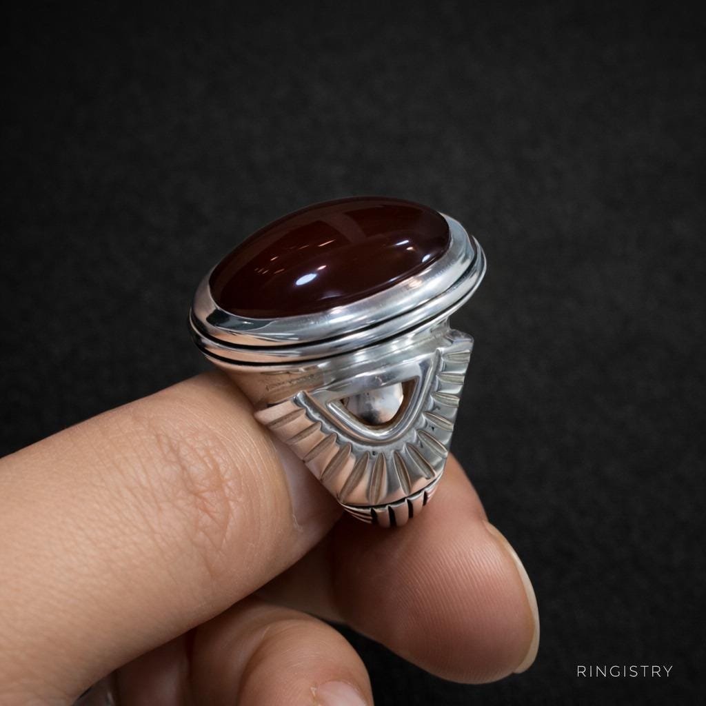 Men's Red Agate Aqeeq Ring, Handmade Sterling Silver Oval Gemstone, Islamic Statement Jewelry - Image 3