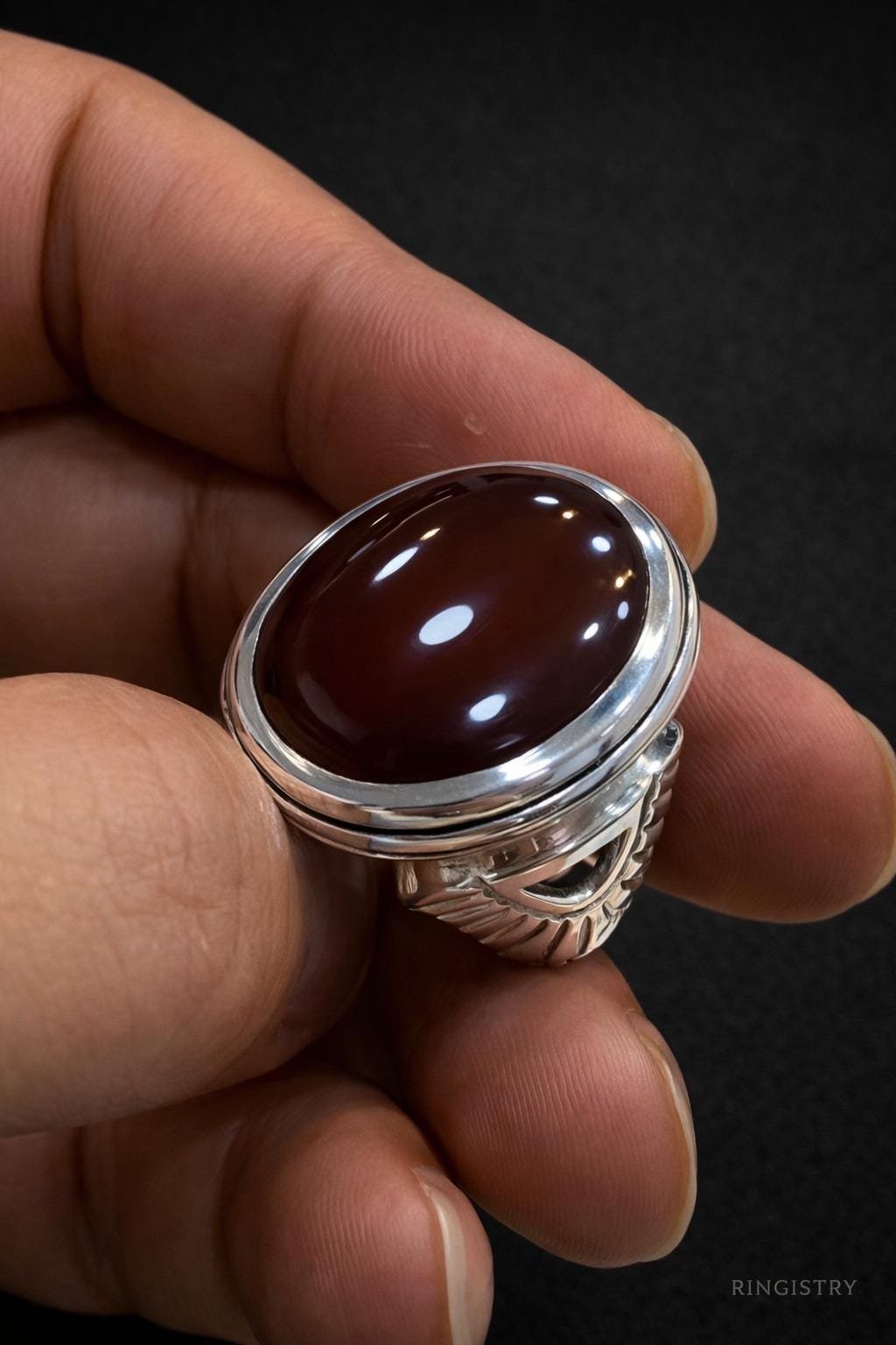 Men's Red Agate Aqeeq Ring, Handmade Sterling Silver Oval Gemstone, Islamic Statement Jewelry - Image 5