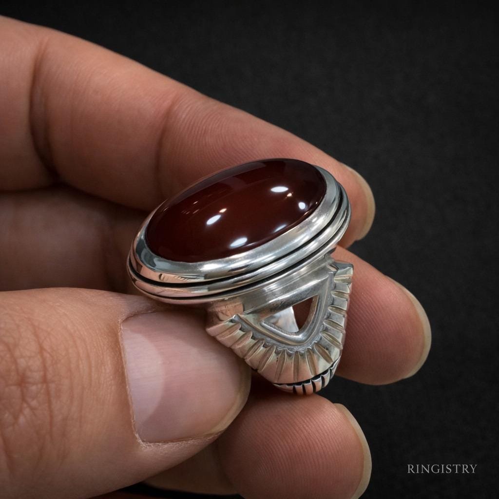 Men's Red Agate Aqeeq Ring, Handmade Sterling Silver Oval Gemstone, Islamic Statement Jewelry