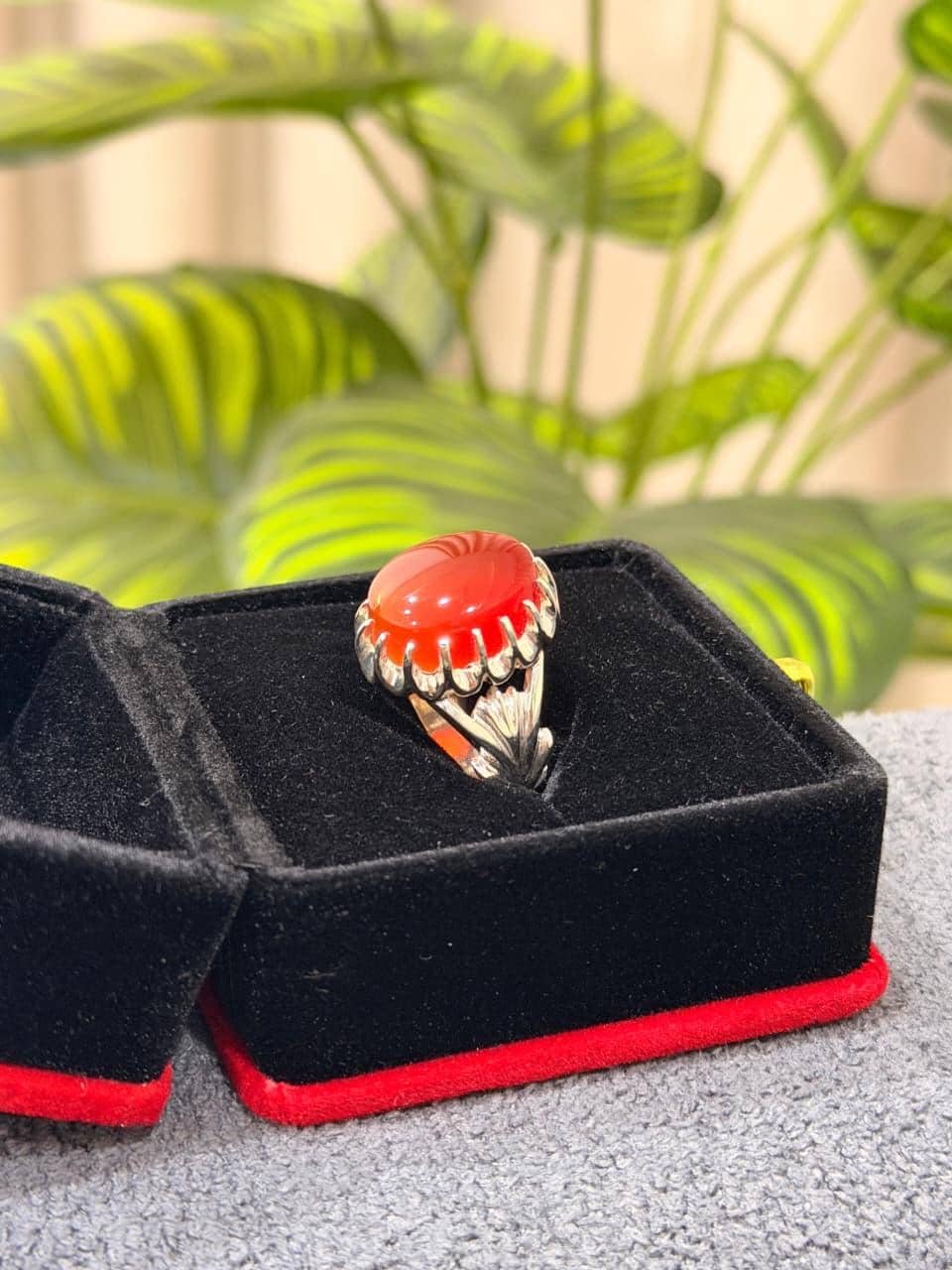 Red Aqeeq Mens Silver Agate Handmade Statement Oval Cabochon Yemeni Islamic Style - Image 3