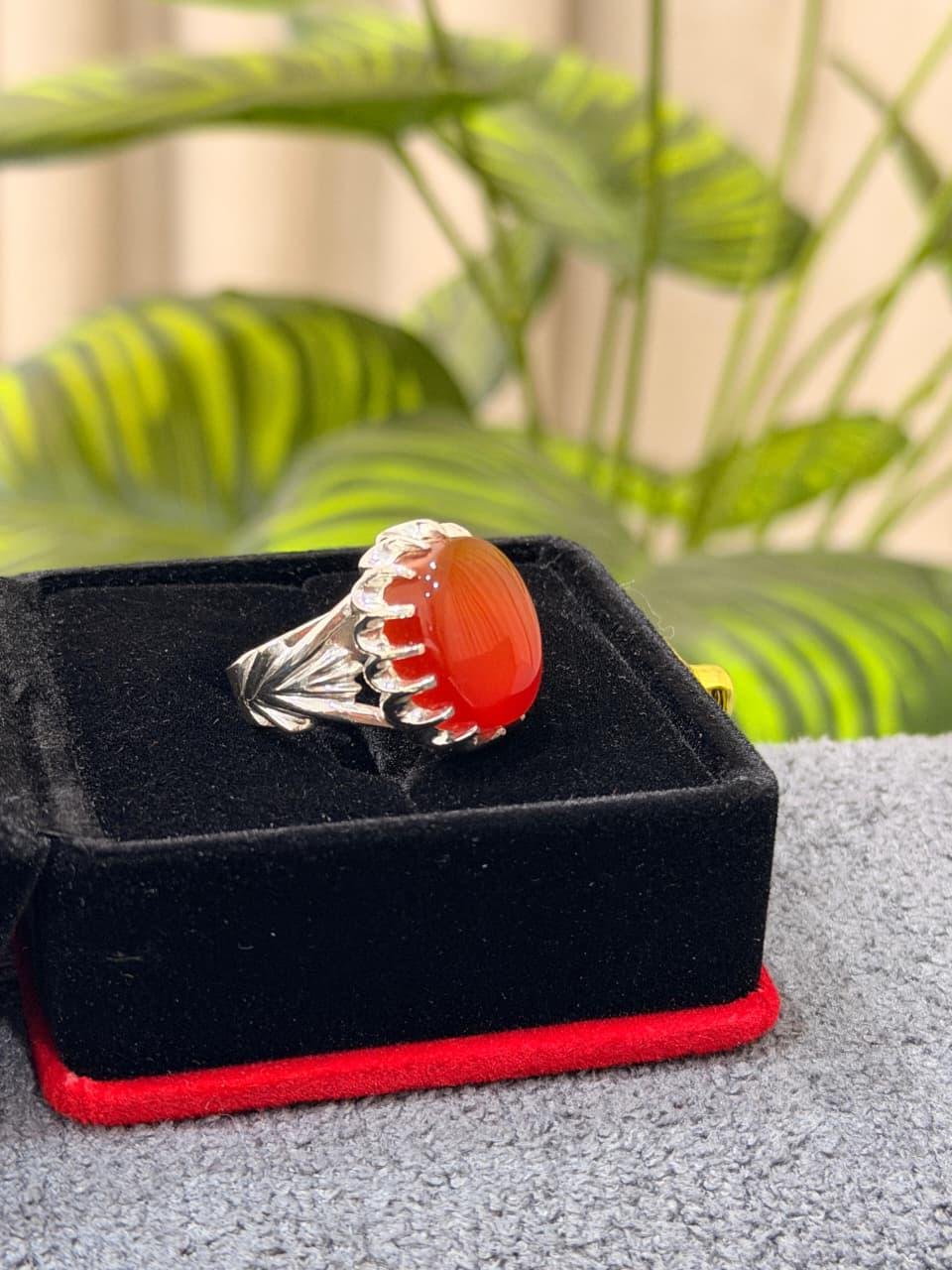 Red Aqeeq Mens Silver Agate Handmade Statement Oval Cabochon Yemeni Islamic Style - Image 4