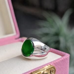 Green Aqeeq Mens Silver Agate Handmade Oval Cabochon Statement Minimalist Islamic Jewelry
