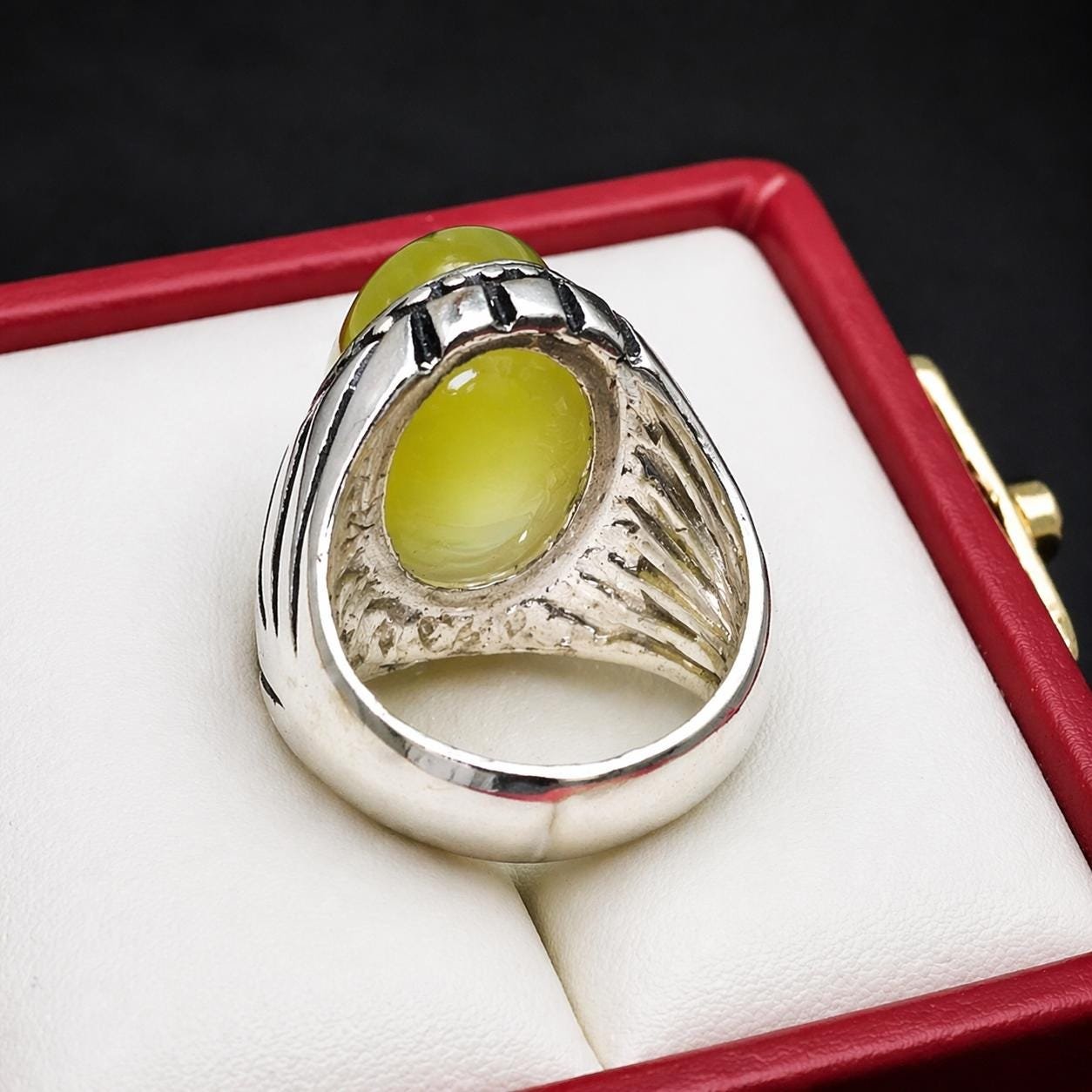 Handmade Yellow Aqeeq Agate Silver Engraved Men's Signet Ring – Islamic Statement Jewelry - Image 5