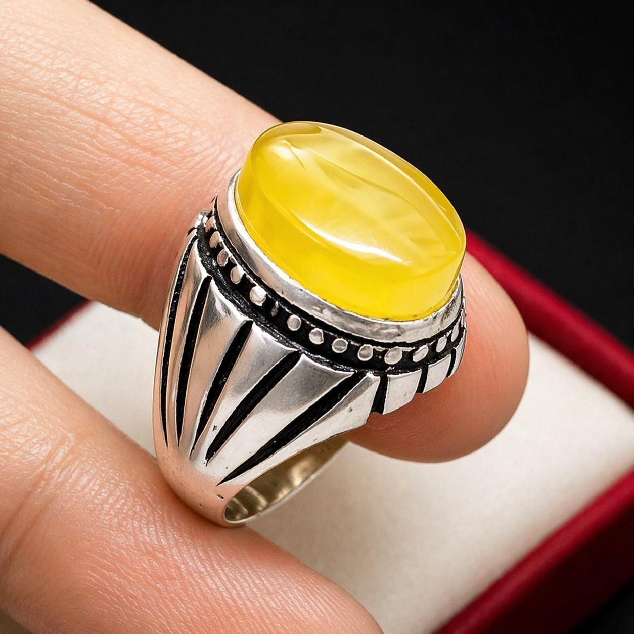 Handmade Yellow Aqeeq Agate Silver Engraved Men's Signet Ring – Islamic Statement Jewelry - Image 6