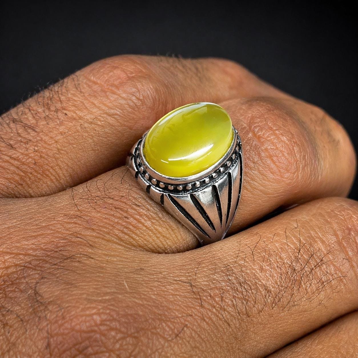 Handmade Yellow Aqeeq Agate Silver Engraved Men's Signet Ring – Islamic Statement Jewelry - Image 2