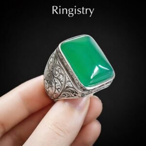 Handmade Engraved Silver Ring with Green Aqeeq Rectangular Stone – Islamic Statement Ring Him