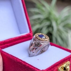 Blue Sapphire Neelam Signet Handmade Silver Engraved Men Luxury Gemstone Astrology Gift