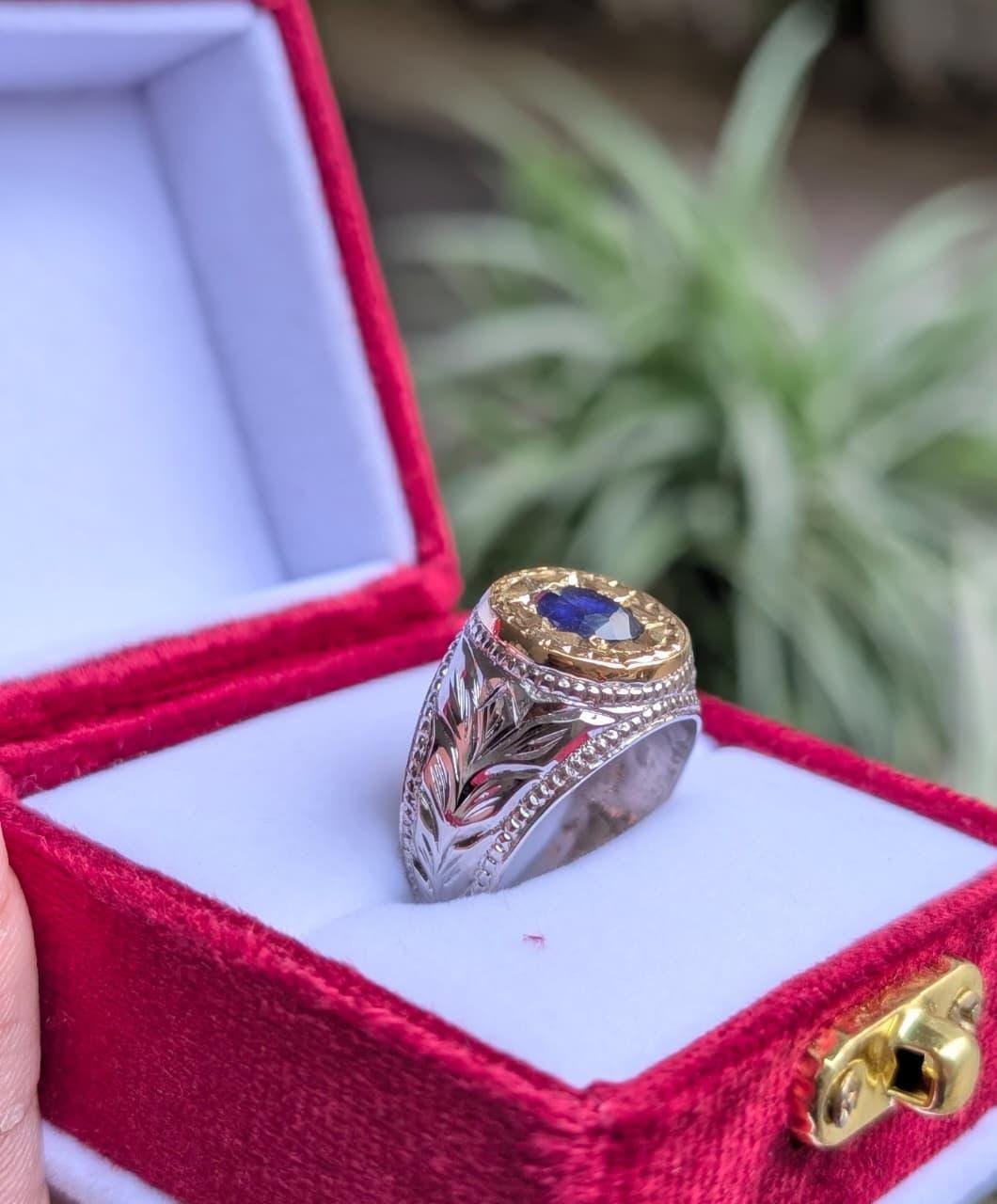 Blue Sapphire Neelam Signet Handmade Silver Engraved Men Luxury Gemstone Astrology Gift