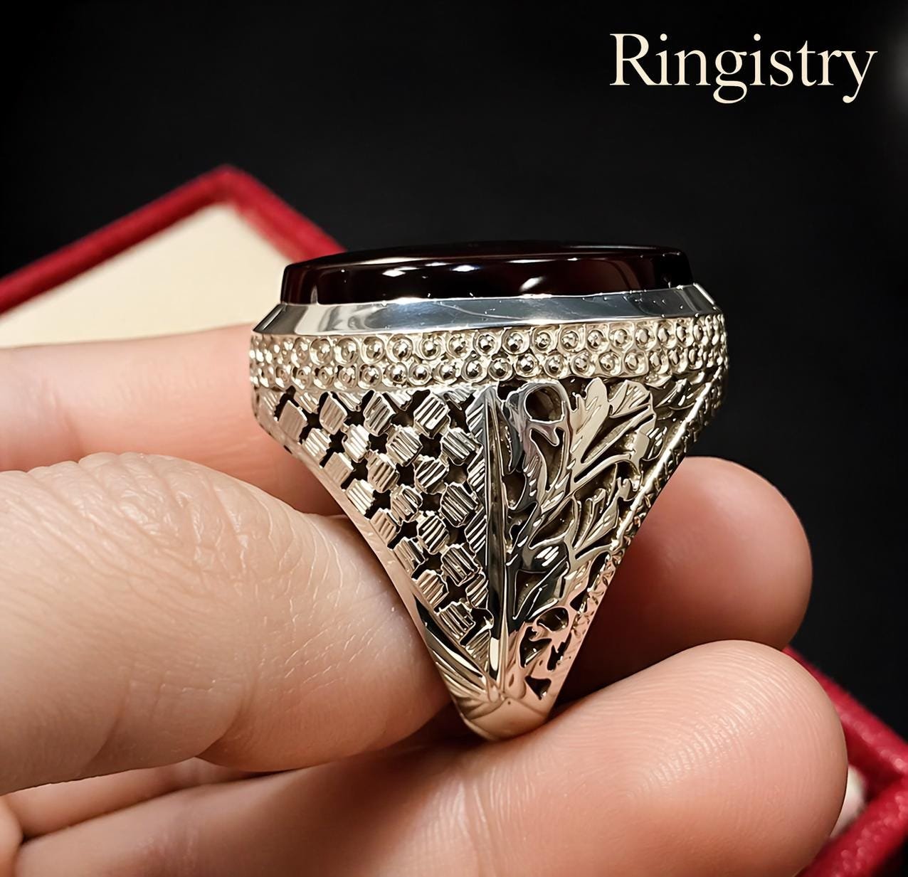 Dark Red Agate Aqeeq Silver Signet Ring: Handmade Islamic Statement Jewelry - Image 4