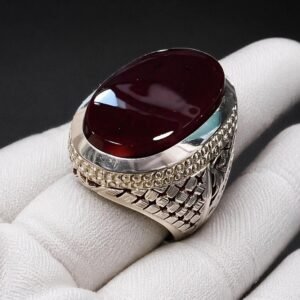 Dark Red Agate Aqeeq Silver Signet Ring: Handmade Islamic Statement Jewelry