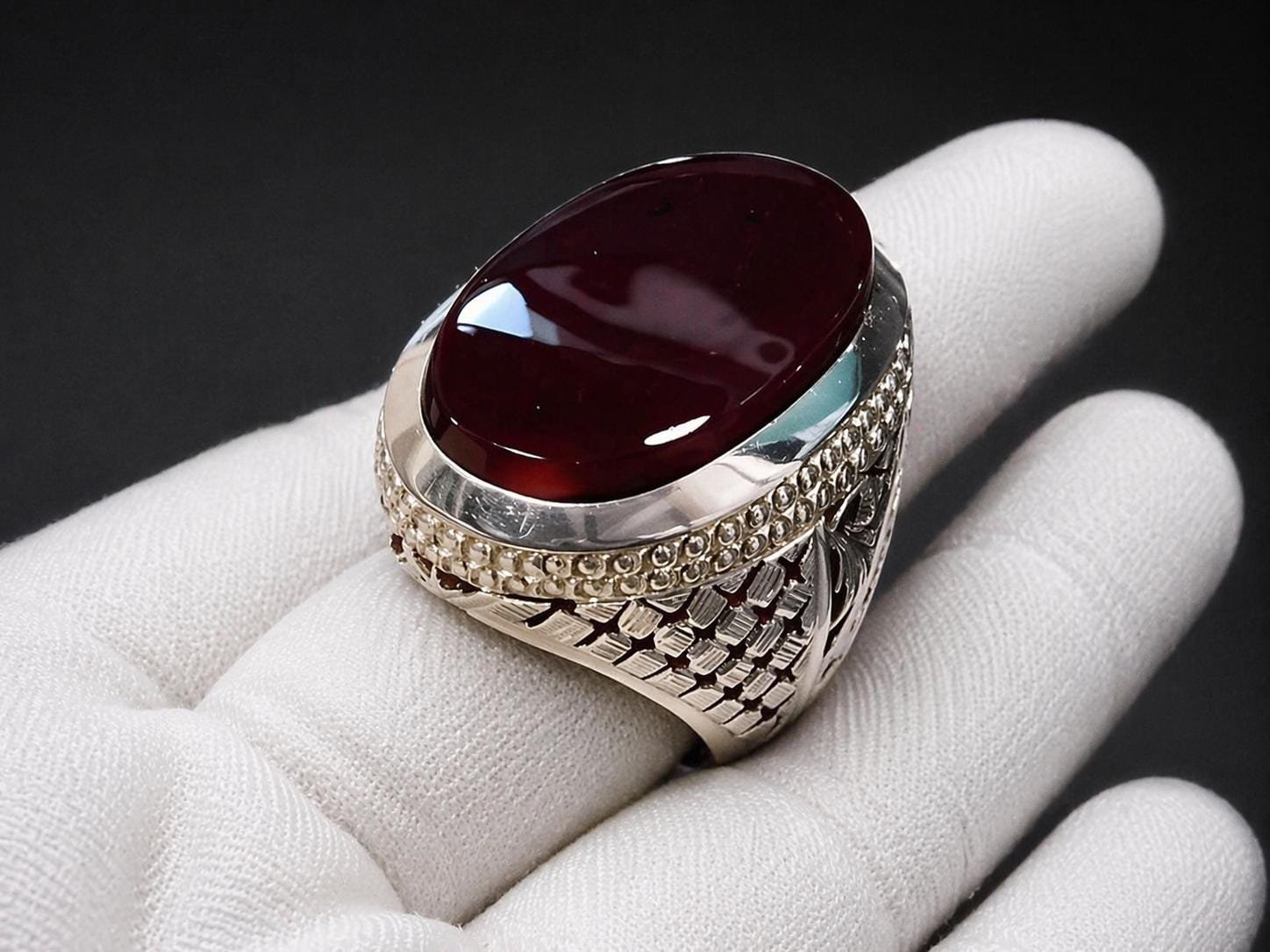 Dark Red Agate Aqeeq Silver Signet Ring: Handmade Islamic Statement Jewelry