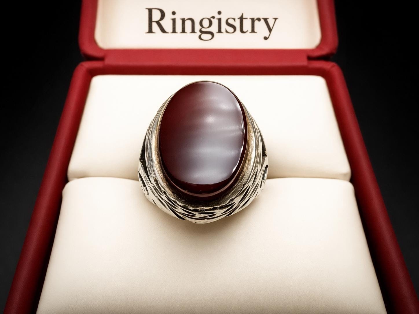 Red Agate Aqeeq Men's Signet Ring: Handmade Silver Engraved Oval Statement - Image 3