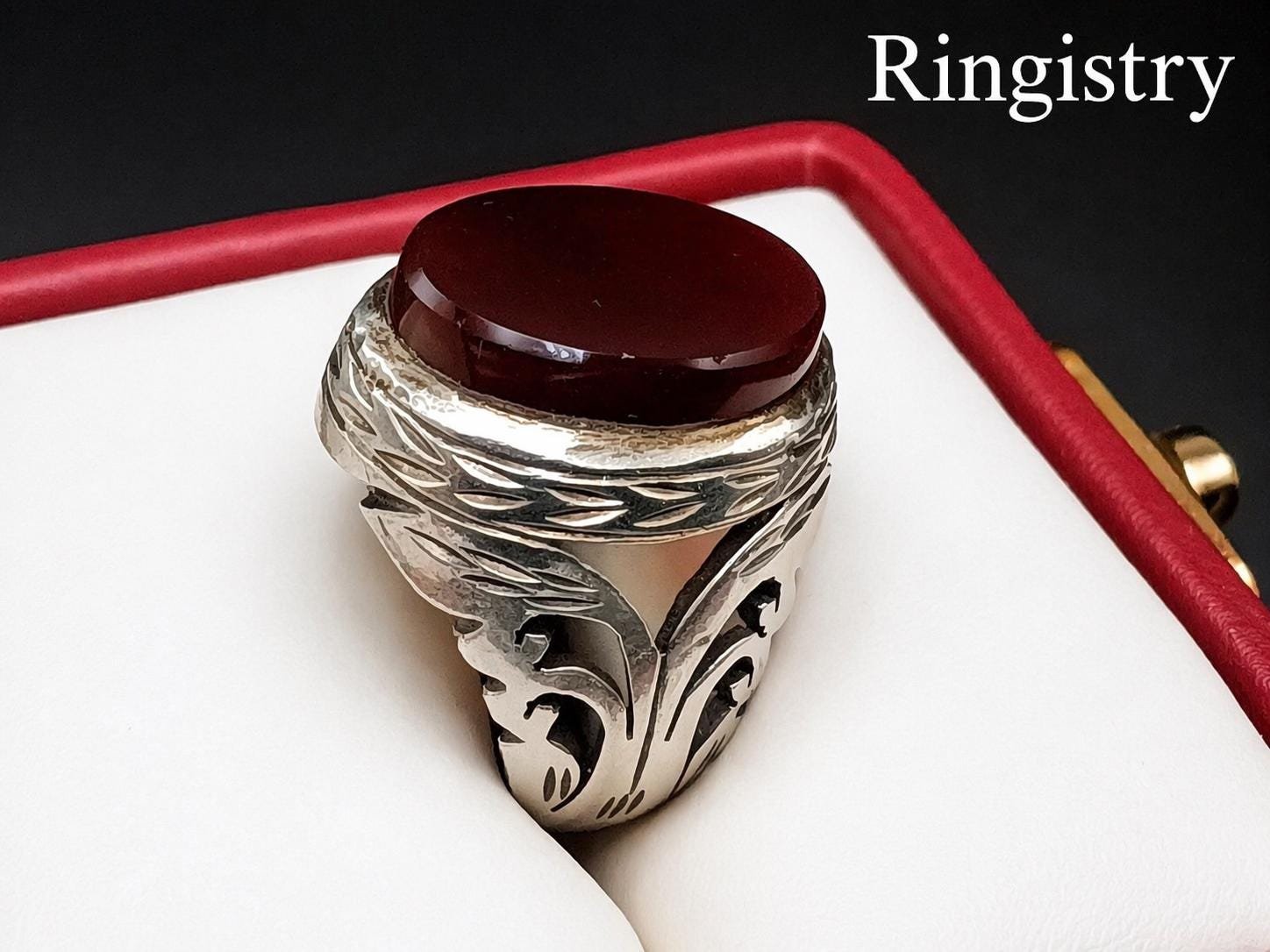 Red Agate Aqeeq Men's Signet Ring: Handmade Silver Engraved Oval Statement - Image 6
