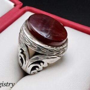 Red Agate Aqeeq Men's Signet Ring: Handmade Silver Engraved Oval Statement