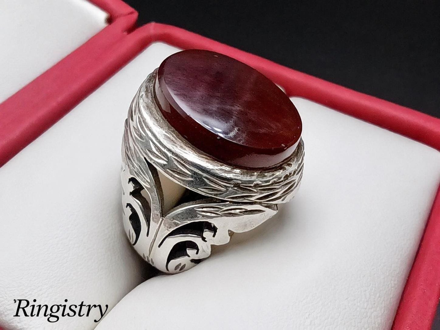Red Agate Aqeeq Men's Signet Ring: Handmade Silver Engraved Oval Statement