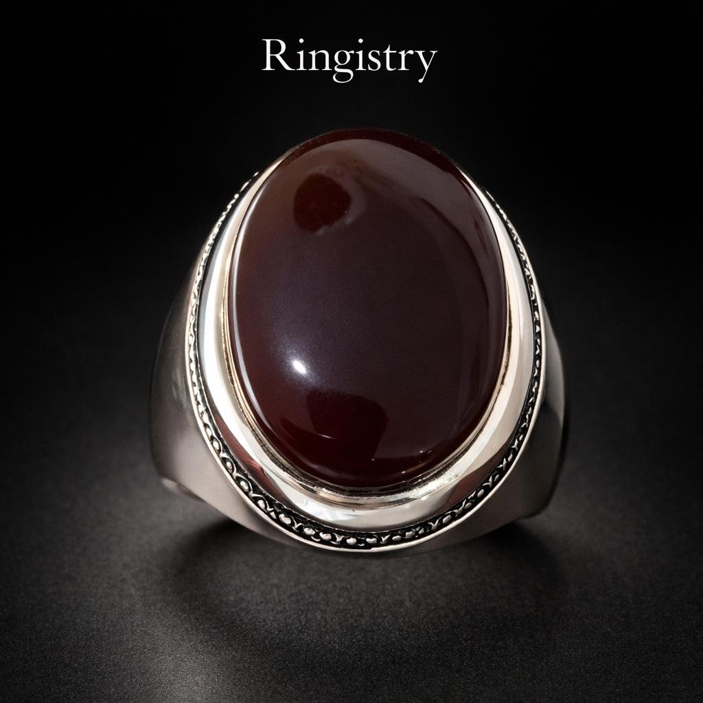 Dark Red Aqeeq Agate Silver Signet Handmade Men Vintage Oval Gemstone Statement Gift - Image 4