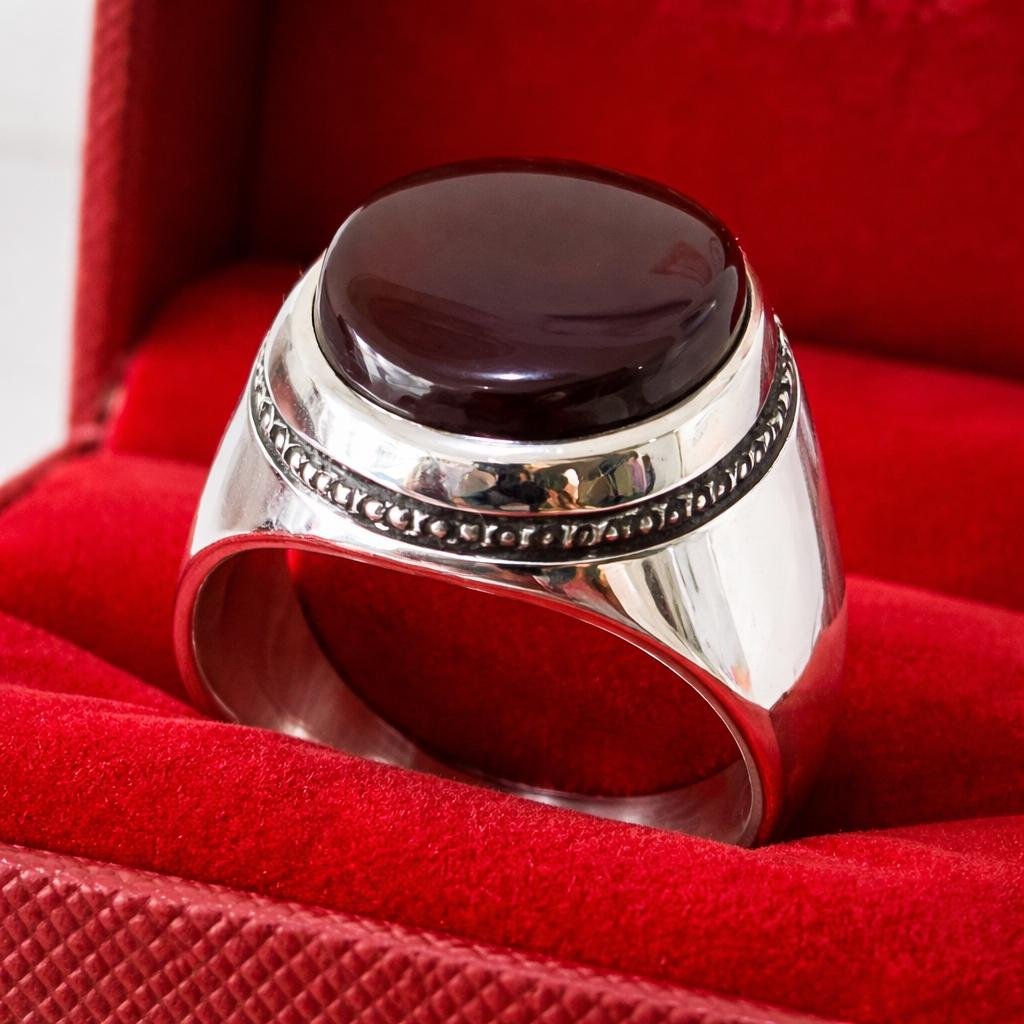 Dark Red Aqeeq Agate Silver Signet Handmade Men Vintage Oval Gemstone Statement Gift - Image 2