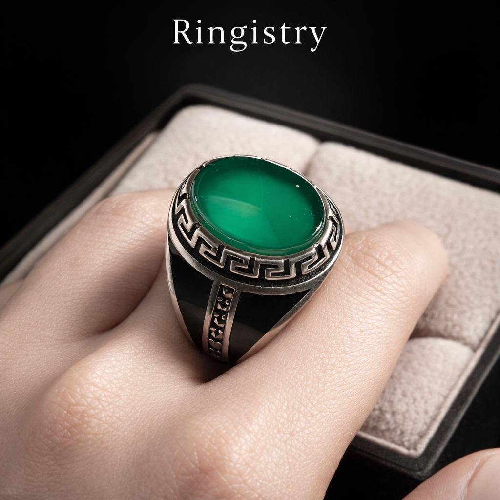 Green Aqeeq Agate Silver Signet Handmade Men Vintage Oval Gemstone Statement Gift Sabz Stone - Image 3
