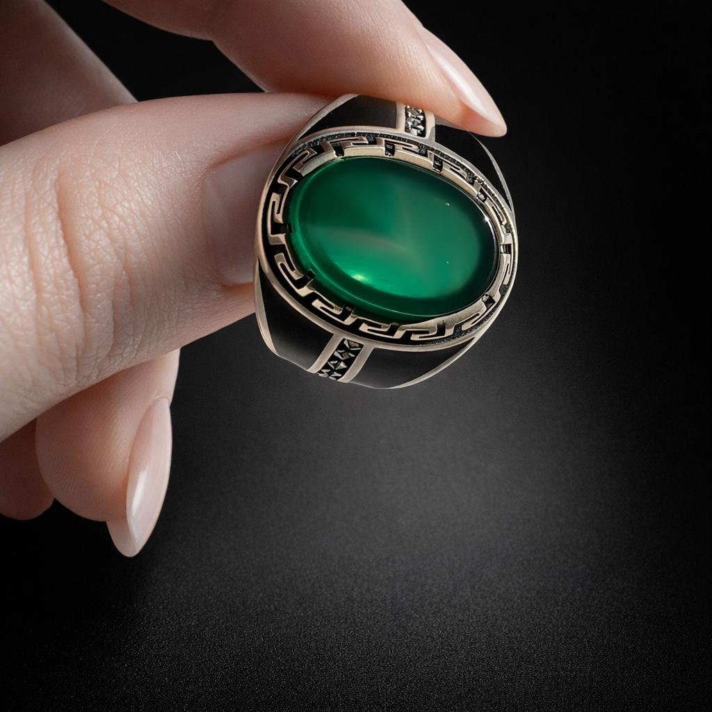 Green Aqeeq Agate Silver Signet Handmade Men Vintage Oval Gemstone Statement Gift Sabz Stone - Image 6