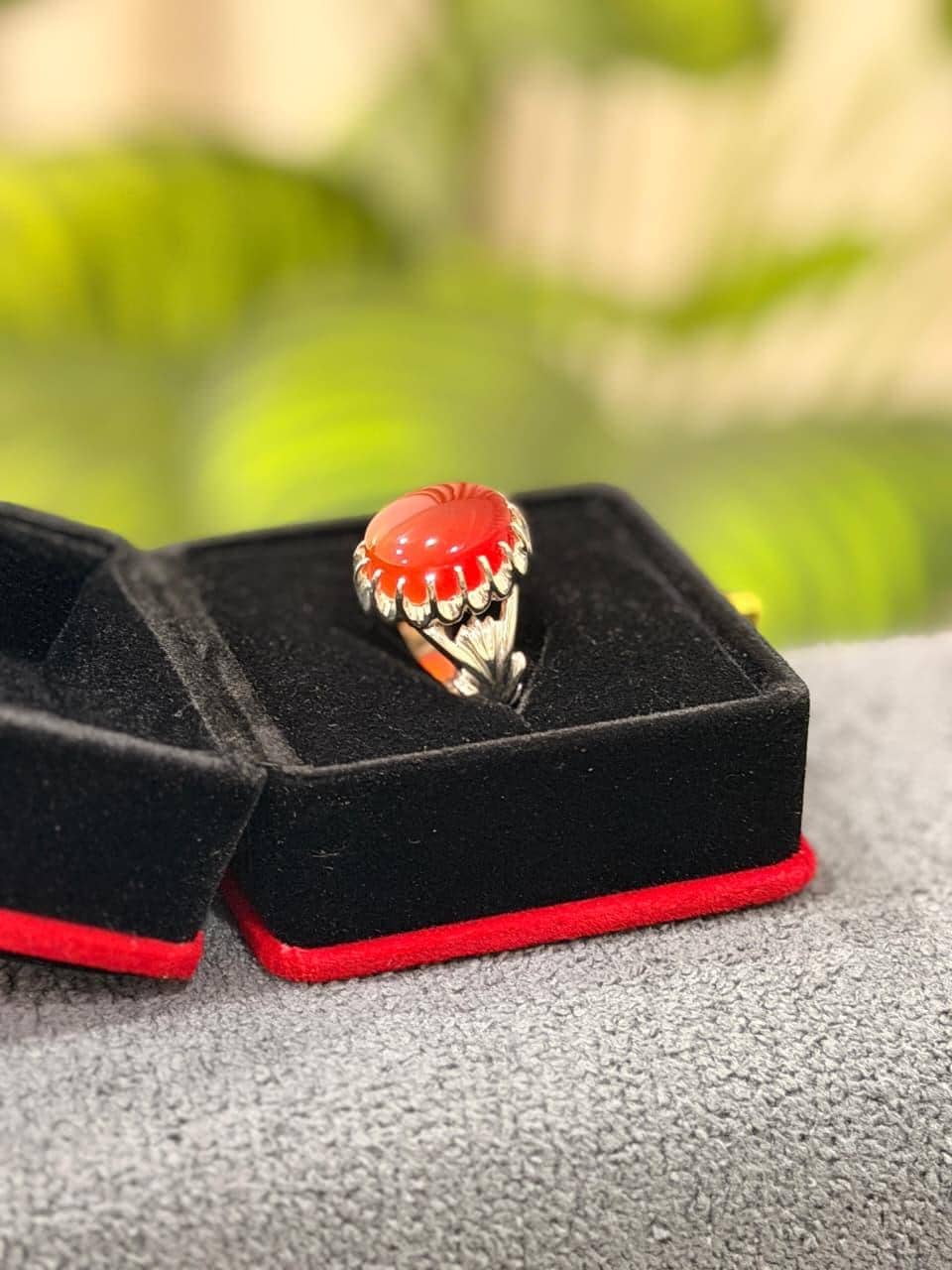 Red Aqeeq Mens Silver Agate Handmade Statement Oval Cabochon Yemeni Islamic Style - Image 2