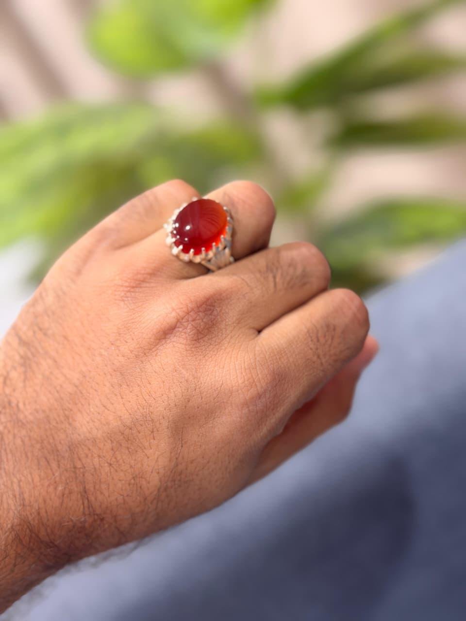 Red Aqeeq Mens Silver Agate Handmade Statement Oval Cabochon Yemeni Islamic Style - Image 9