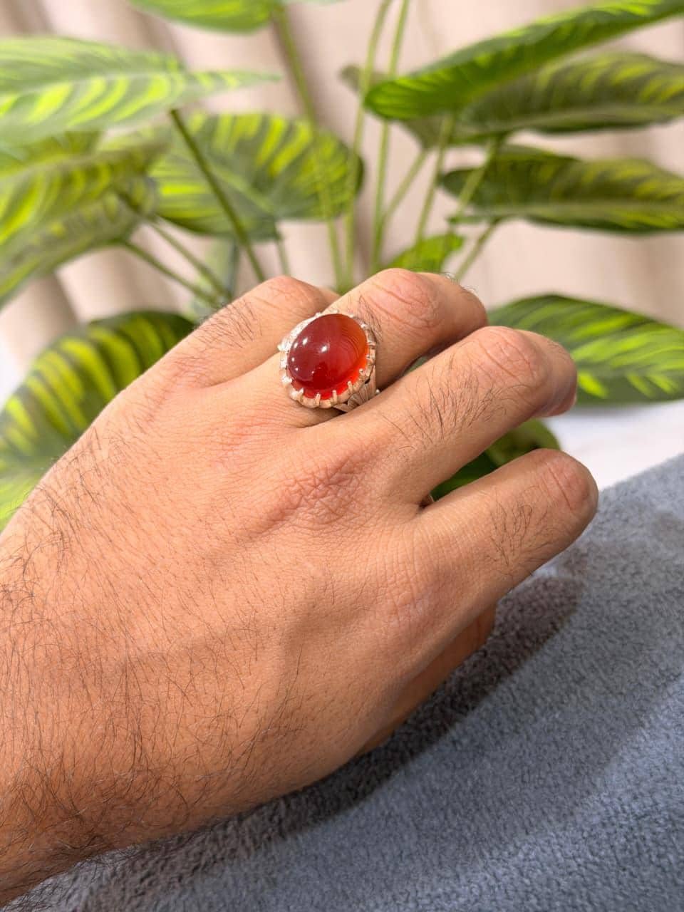 Red Aqeeq Mens Silver Agate Handmade Statement Oval Cabochon Yemeni Islamic Style - Image 8