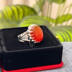 Red Aqeeq Mens Silver Agate Handmade Statement Oval Cabochon Yemeni Islamic Style