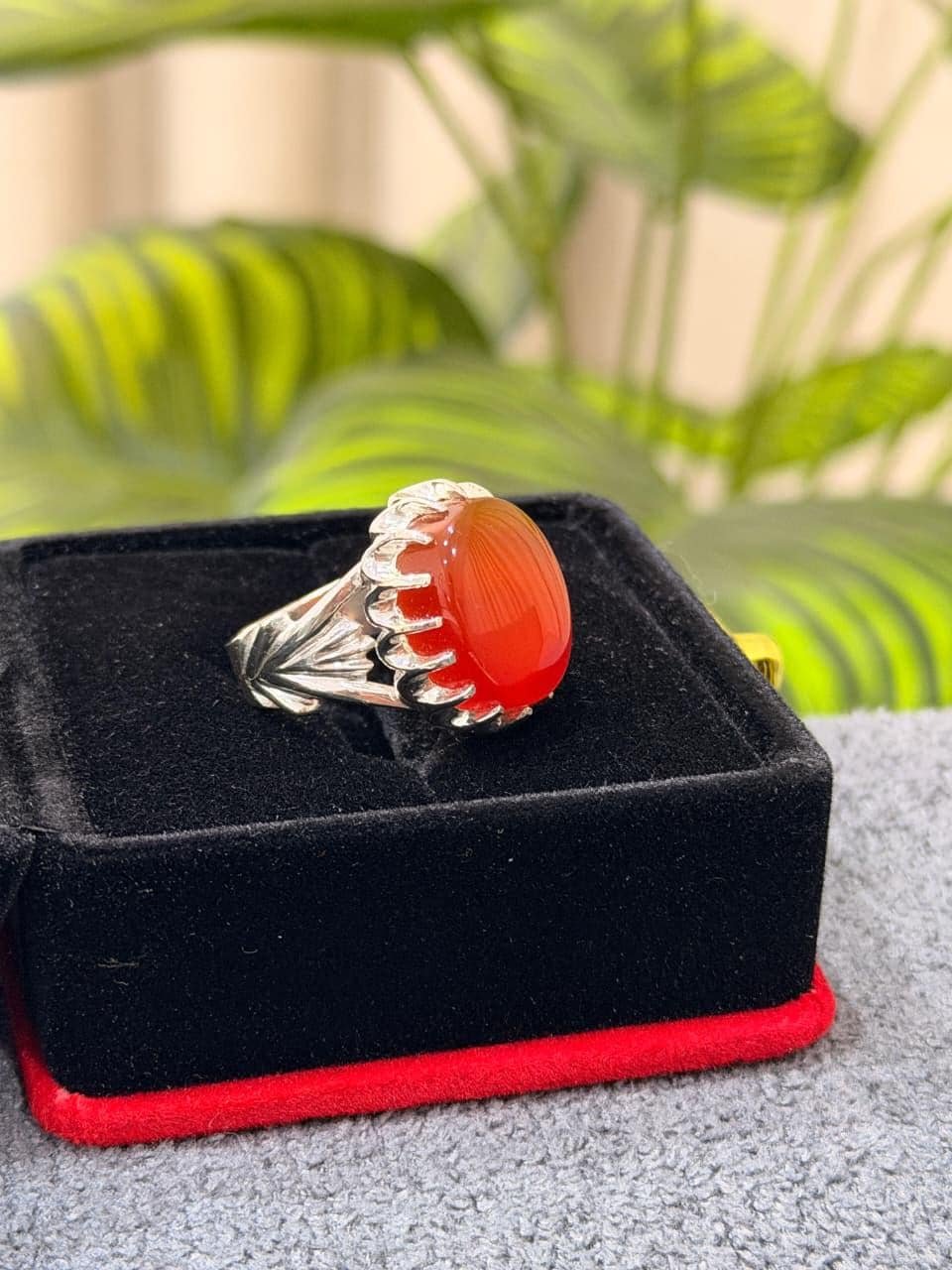 Red Aqeeq Mens Silver Agate Handmade Statement Oval Cabochon Yemeni Islamic Style