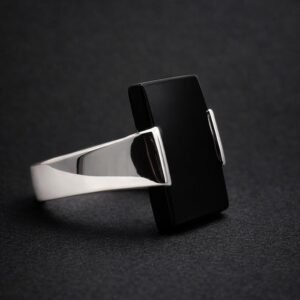 Black Aqeeq Mens Silver Agate Handmade Signet Statement Minimalist Rectangular Stone