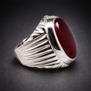 Dark Red Aqeeq Agate Signet Handmade Silver Statement Gift for Him