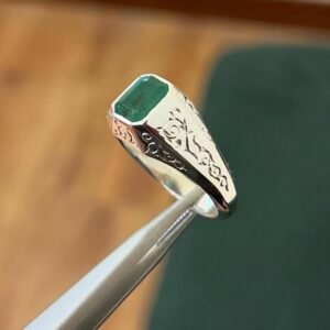 Natural Green Emerald Signet Silver Handmade Engraved Mens Statement Gift Vintage