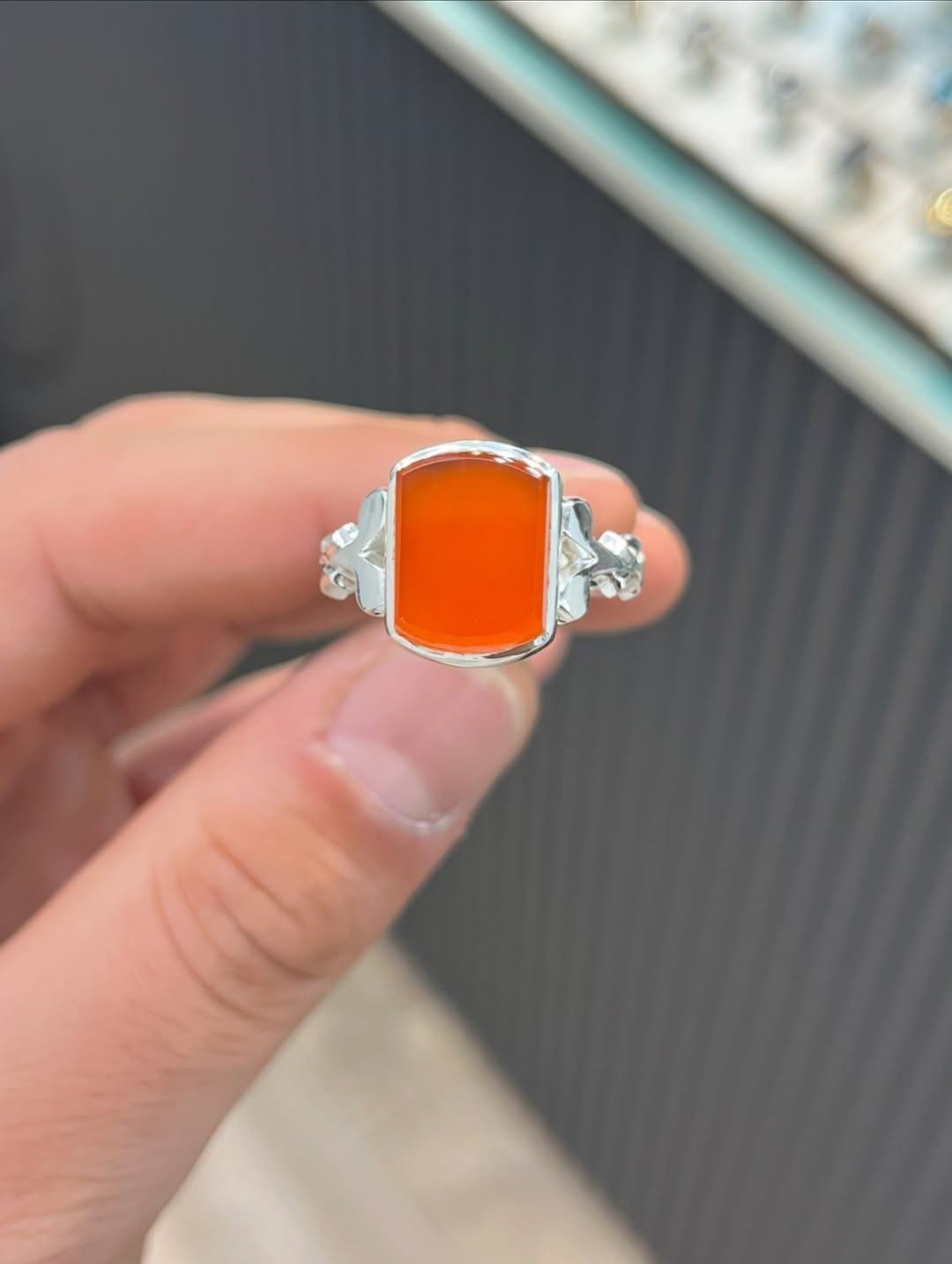 Red Orange Agate Aqeeq Silver Signet Handmade Statement Gift Vintage Engraved - Image 3