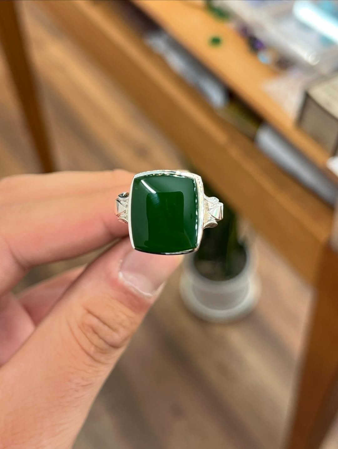Green Agate Aqeeq Silver Signet Handmade Statement Gift for Him Minimalist - Image 3