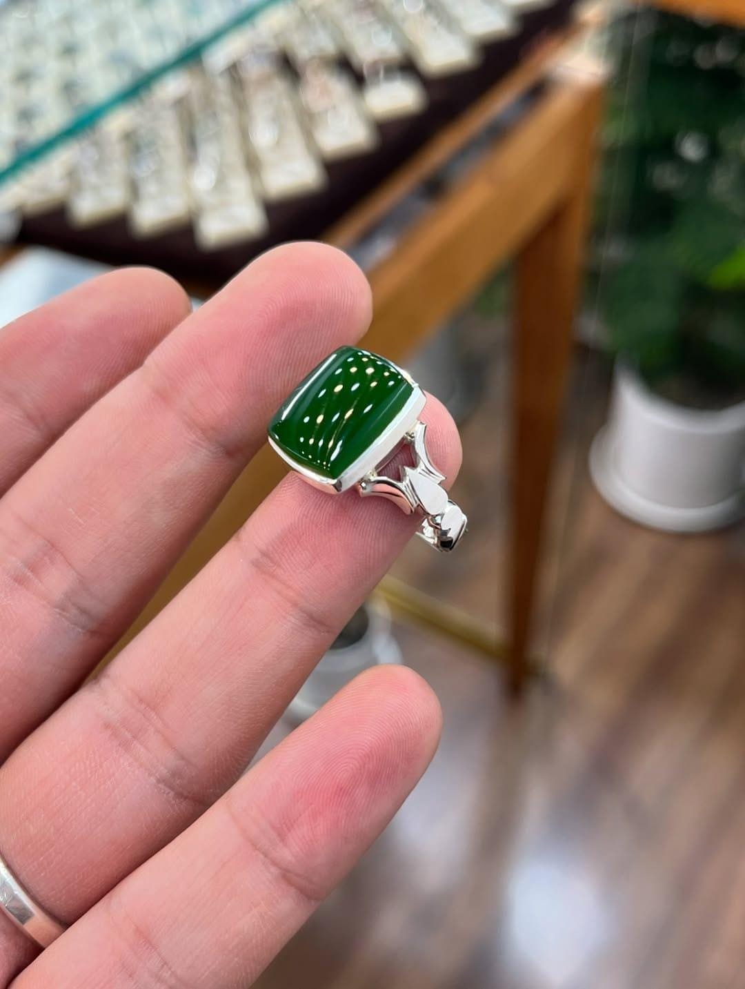 Green Agate Aqeeq Silver Signet Handmade Statement Gift for Him Minimalist - Image 2