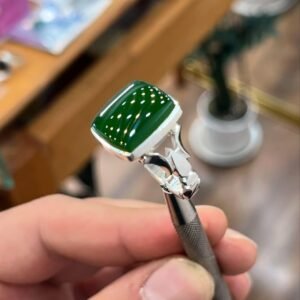 Green Agate Aqeeq Silver Signet Handmade Statement Gift for Him Minimalist