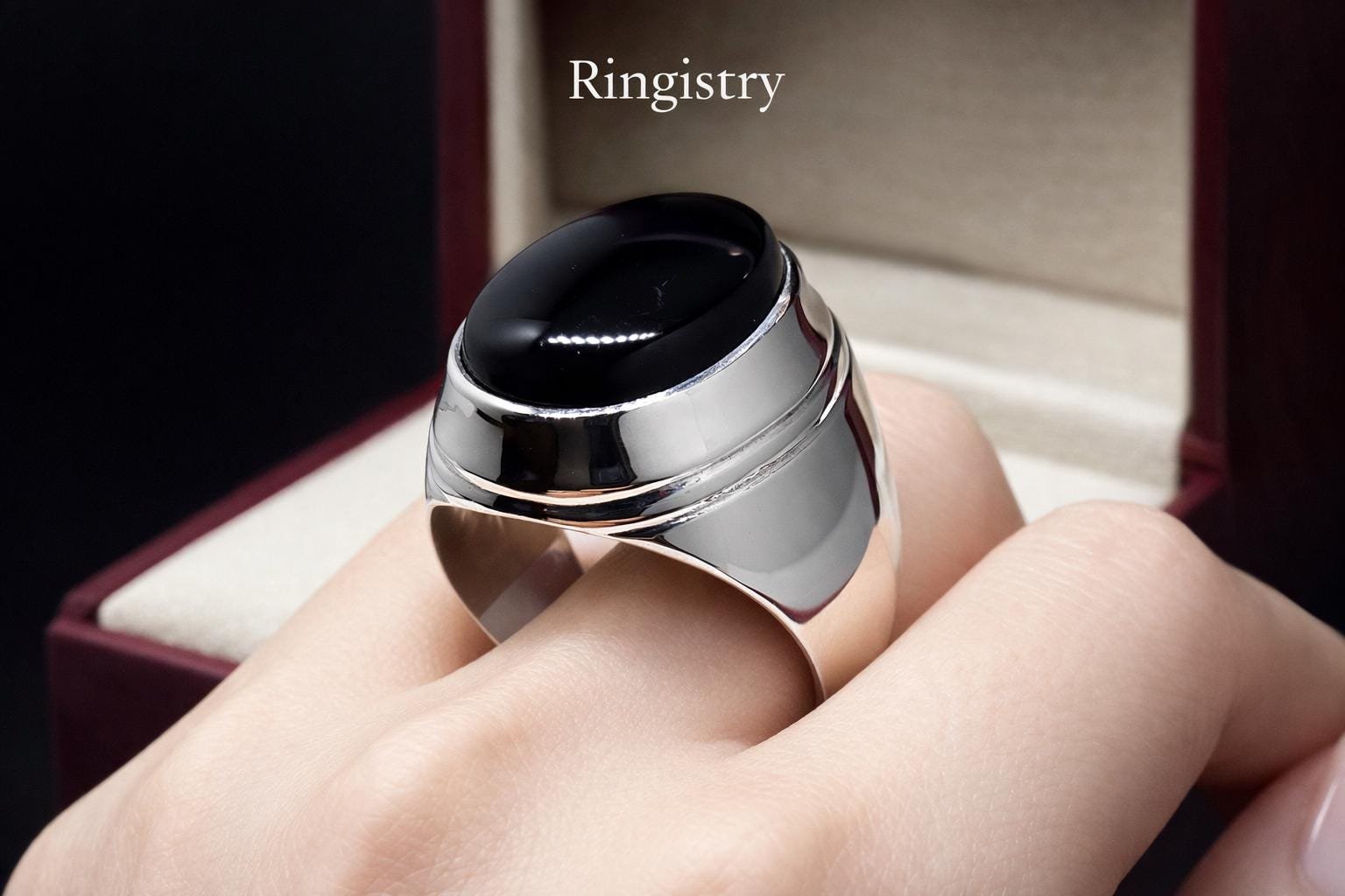 Black Agate Aqeeq Silver Signet Handmade Statement Gift for Him Minimalist - Image 5