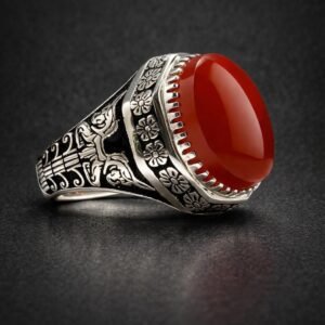 Handmade Sterling Silver Brown Red Agate Ring – Engraved Statement Band, Yemeni Style