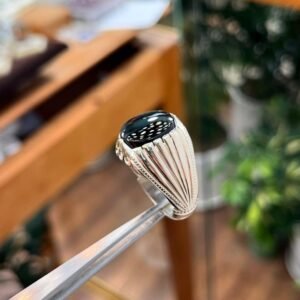 Men's Black Agate Signet Ring, Ottoman Style Silver Statement Band Him
