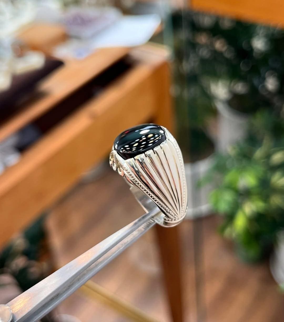 Men's Black Agate Signet Ring, Ottoman Style Silver Statement Band Him