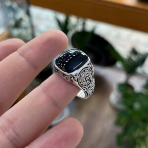 Black Agate Aqeeq Signet Handmade Mens Statement Stone Ottoman Engraved Gift for Him