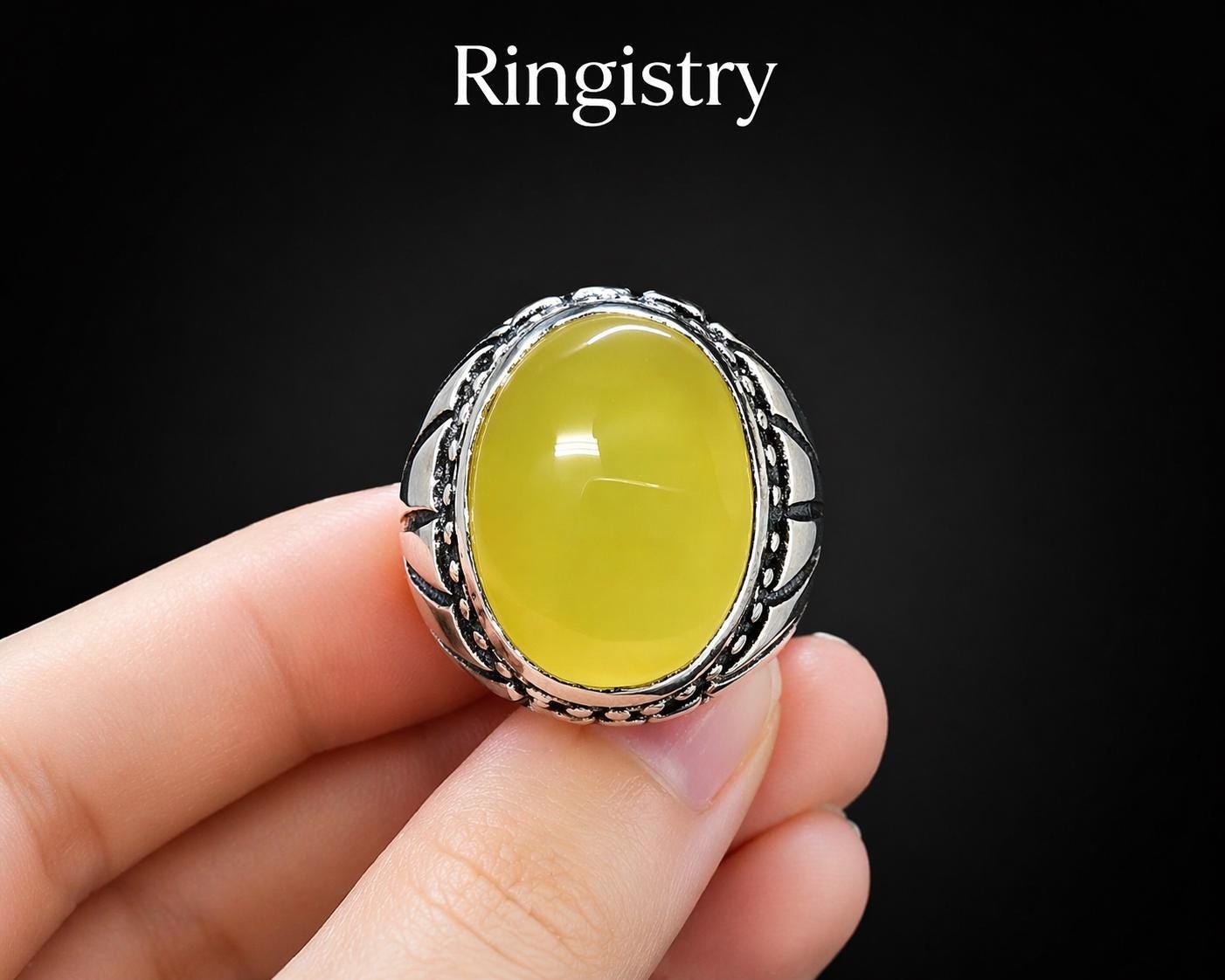 Handmade Yellow Aqeeq Agate Silver Engraved Men's Signet Ring – Islamic Statement Jewelry - Image 3