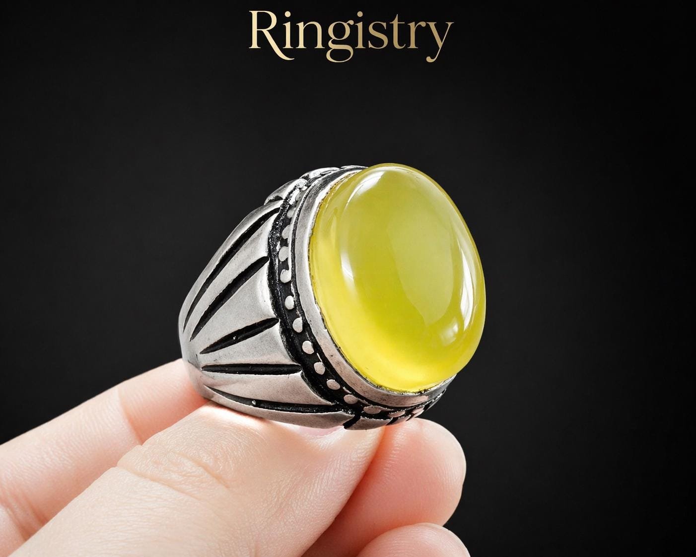Handmade Yellow Aqeeq Agate Silver Engraved Men's Signet Ring – Islamic Statement Jewelry - Image 4