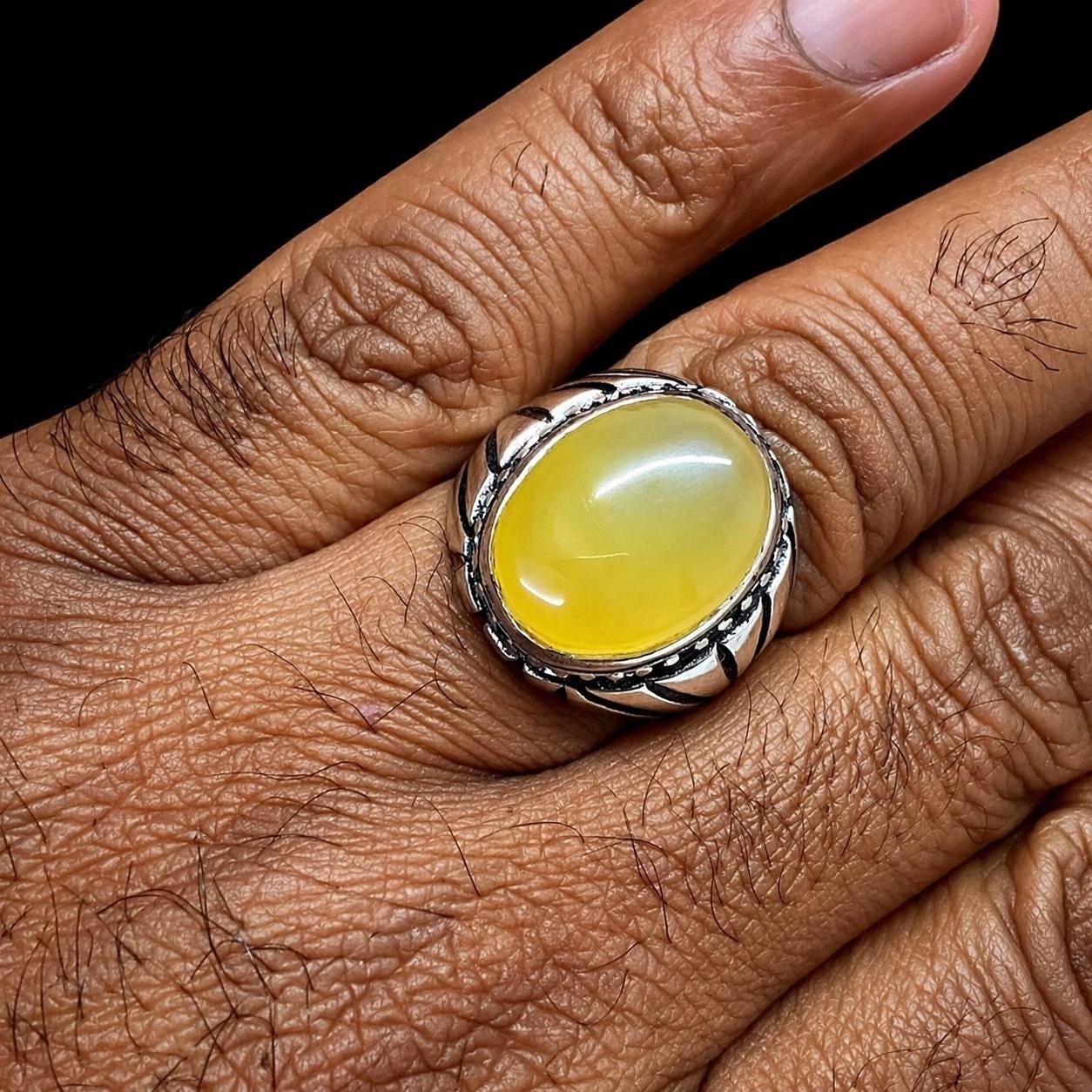 Handmade Yellow Aqeeq Agate Silver Engraved Men's Signet Ring – Islamic Statement Jewelry - Image 7