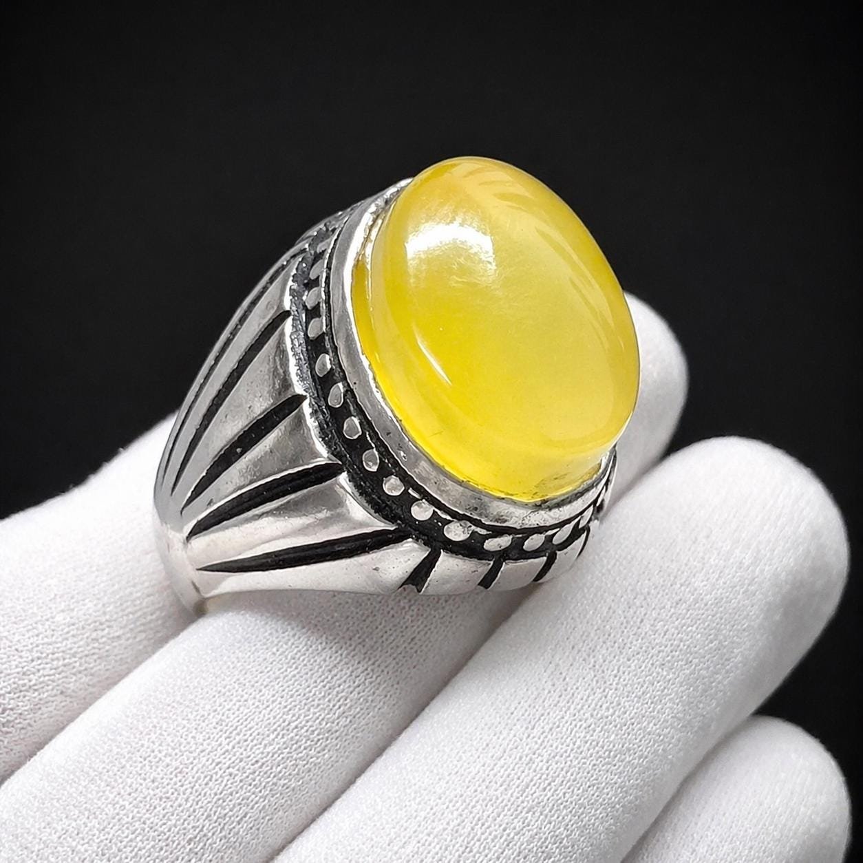 Handmade Yellow Aqeeq Agate Silver Engraved Men's Signet Ring – Islamic Statement Jewelry